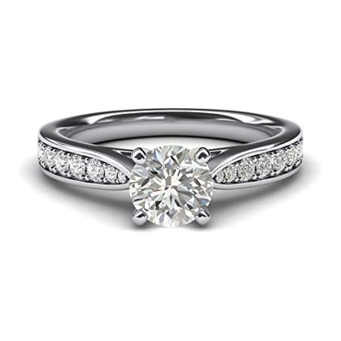 Women's Sterling Silver 1CT Classic 4-Prong Simulated Round Cut Diamond Engagement Ring With Graduated Side Stones (Q) Cover