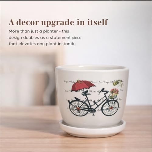 Image of Urban Upvan Cycle Design Printed Ceramic Pot with Tray - Premium Decorative Planter for Indoor & Outdoor Plants, Modern Elegant Flower Pot for Home, Garden & Office