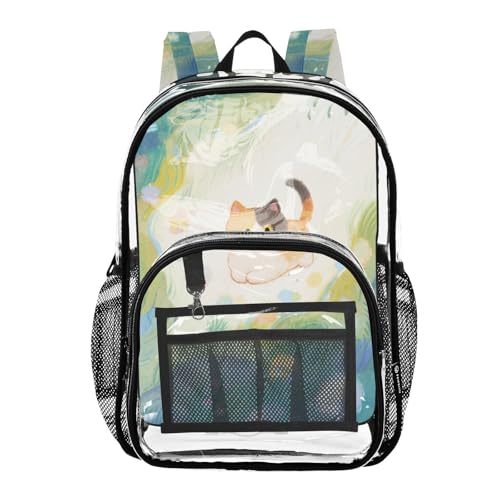Cute Brown Cartoon Cat Kids Clear Backpacks Clear Bookbags For Adults Seethrough PVC For