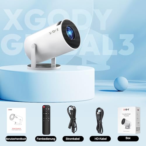 Mini Beamer [2025 Upgraded & Android 11.0] Native 720P HD, unterstützt 4K 1080P, Xgody Gimbal 3 New Tragbarer Projektor 12000 Lumen, WiFi 6, Bluetooth, Auto Keystone, Videoprojector für Heimkino(weiß)