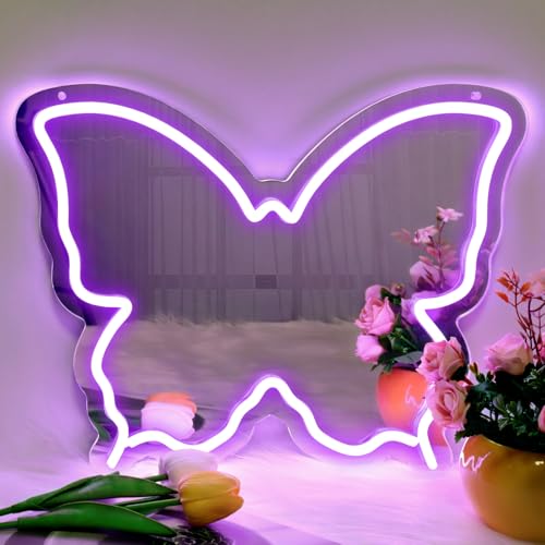 Butterfly Neon Signs Mirror, Dimmable LED Neon Lights for Wall Decor, 15.7'' x 12'' Neon Sign Mirror for Teen Girls & Kids Birthday Party Gift, Neon Light for Bedroom & Room Decoration (Purple)