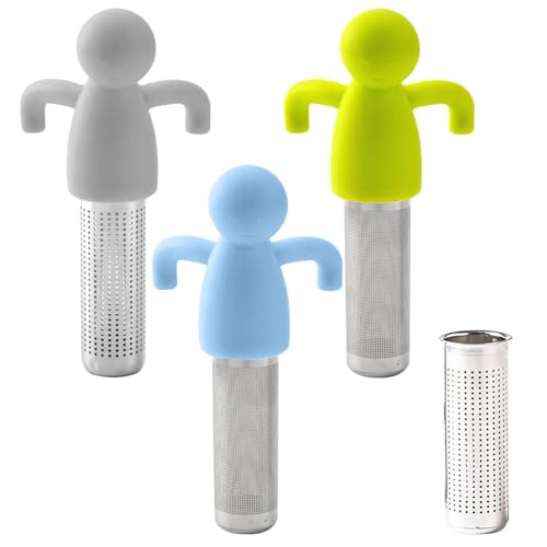 3 coladores de té, taza de filtro de té, 1 colador de té de metal, drenaje de té de acero inoxidable, colador de silicona en forma humana, colador montado en tazas,