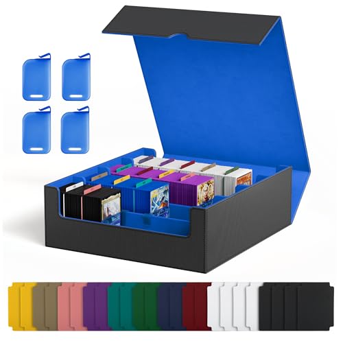 Image of UAONO Trading Card Storage Box, Holds 2400 Sleeved Cards with 24 Dividers & 4 Stoppers, Magnetic Closure PU Leather Card Case for MTG, PTCG, YGO, Sports Cards (Black&Blue)