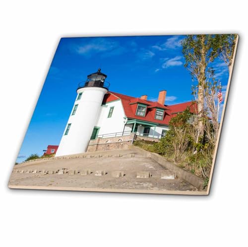 3dRose Point Betsie Lighthouse, Lake, Frankfort, Michigan Tile, 4 x 4