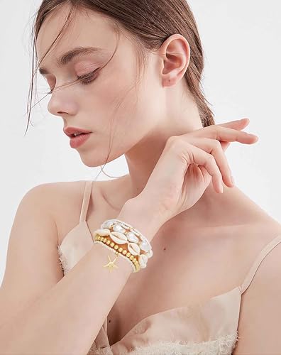 Shell Bracelet Boho Beaded Stretch Bracelets for Women Seashell Strand Bracelets Starfish Charm Jewelry Summer Beach Jewelry Stackable Crystal Gold Beads Bracelet for Women4