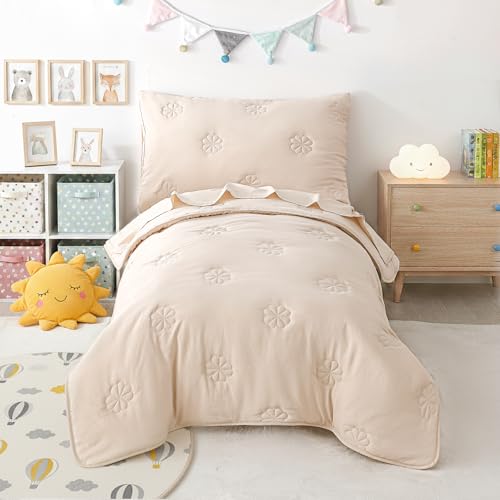 DreLunis 4-Piece Toddler Bedding Sets for Girls Boys Soft Microfiber Floral Embroidery Toddler Bed Comforter Bed-in-a-Bag Includes Comforter Flat Sheet Fitted Sheet Envelope Pillowcase Beige
