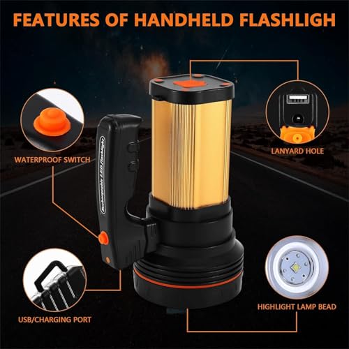 CSNDICE Romer LED Rechargeable Handheld Searchlight High-Power Super Bright 9000 MA 6000 LUMENS CREE Tactical Spotlight Torch Lantern Flashlight (Gold)