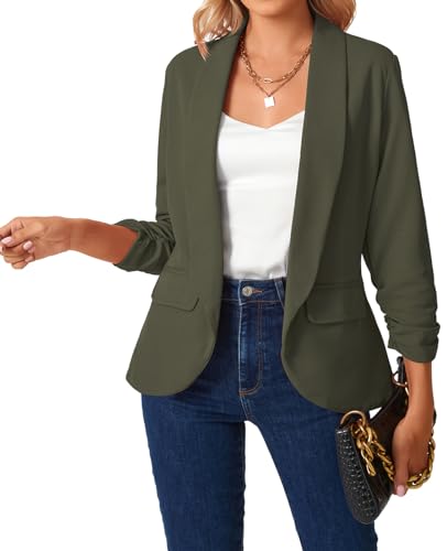 MINTLIMIT Womens Blazer 3/4 Ruched Sleeve Shawl Collar Business Work Blazers Open Front Casual Jackets with Pockets2