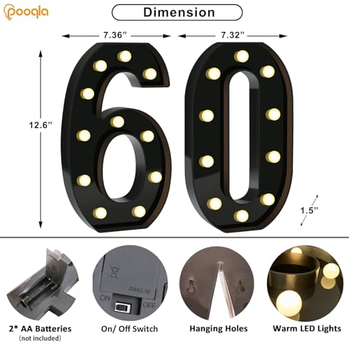 Image of Pooqla 60th Birthday Decorations for Men, Large Black Light Up Numbers | Black Party Decorations, 12.6in Tall Big Marquee Numbers 60th Anniversary Birthday Gift for Men Him Room Decor