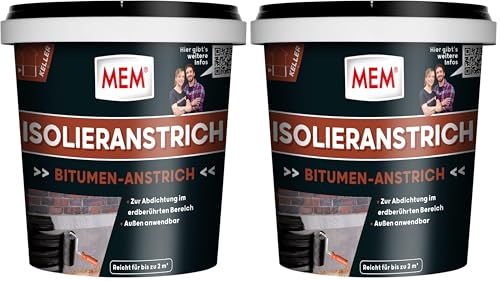 MEM Isolieranstrich, Wasserabweisender Deckaufstrich auf Bitumenbasis, Abdichtend und nicht versprödend, Beständig gegen Bodenfeuchtigkeit, 1 Liter, Schwarz (Packung mit 2) MEM Isolieranstrich, Wasserabweisender Deckaufstrich auf Bitumenbasis, Abdichtend und nicht versprödend, Beständig gegen Bodenfeuchtigkeit, 1 Liter, Schwarz (Packung mit 2)