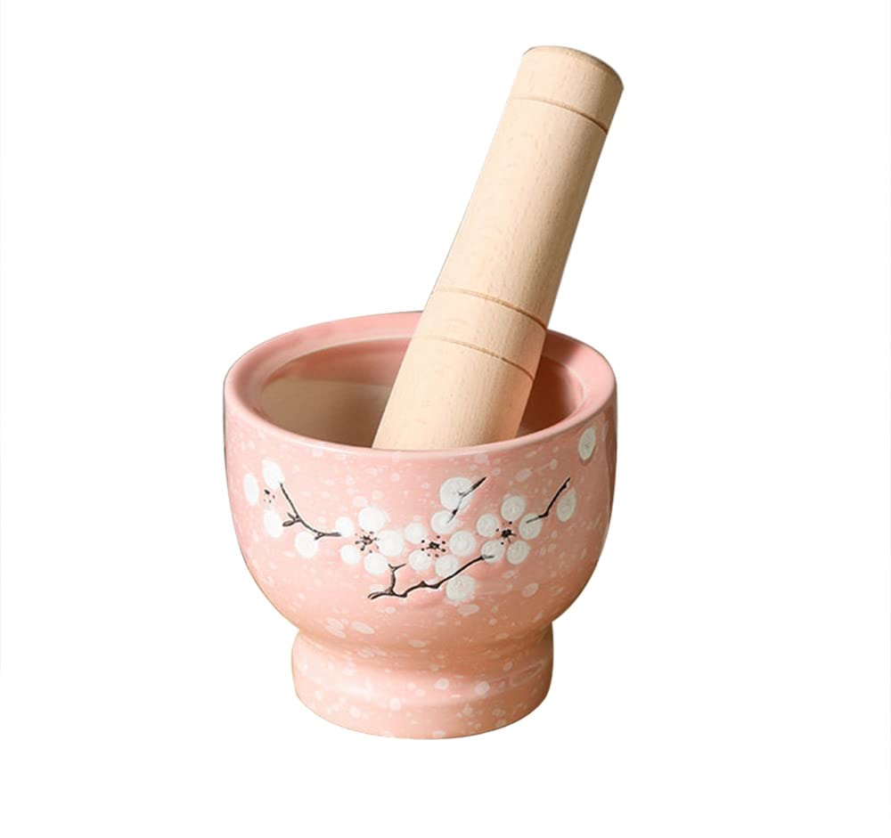 Mozacona Ceramic Mortar and Pestle Set Plum Pattern Stoneware Pill Crusher Set, Spice Herb Grinder