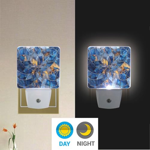 Image of Stained Glass Blue Pattern Night Lights 2 Pack Plug-in Wall Led Nightlight Auto Dusk-to-Dawn Sensor Lamps for Bedroom Kitchen Bathroom