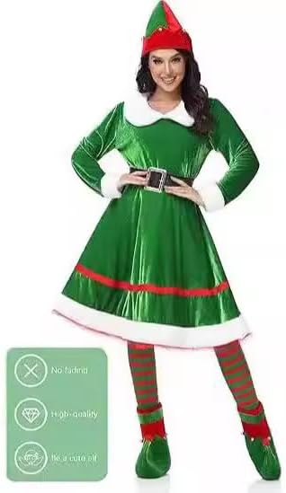 5 Pack Women Christmas Elf Costume Set Velvet Dress Belt Striped Over Knee High Socks Elf Hat Shoes for Cosplay