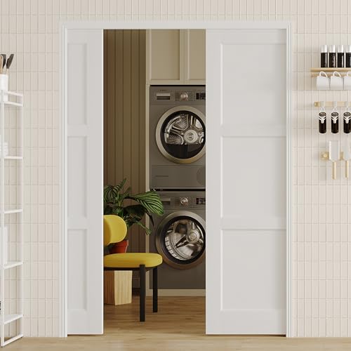 Image of Sliding Pocket Door, 56 inch(2 x 28) x 80 inch, 3-Panel Core with Frame and Hardware Kit Set, Interior Doors for Pocket Door, White Primed - No Panel Assembly Required