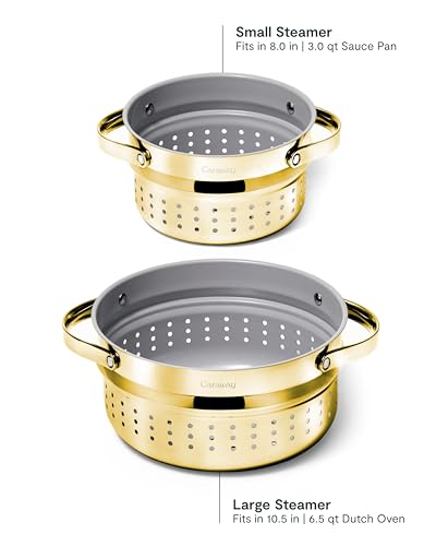 Image of Caraway Small & Large Steamer Set - Made with Handles - Non Stick, Non Toxic Coating - Steam Veggies, Seafood, and More - Compatible With Our Dutch Oven or Sauce Pan - 3qt & 6.5qt - Gold