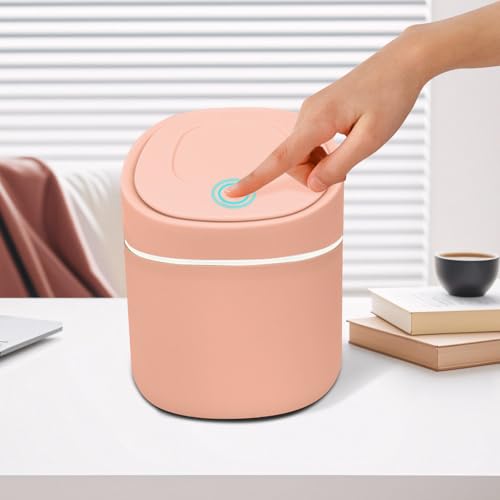 Image of Soddeph Plastic Mini Trash Can with Lid,Small Desktop Waste Bin for Bathroom, Office, or Kitchen,Pop-Up Countertop Wastebasket for Counter, Vanity, or Coffee Table (Pink)