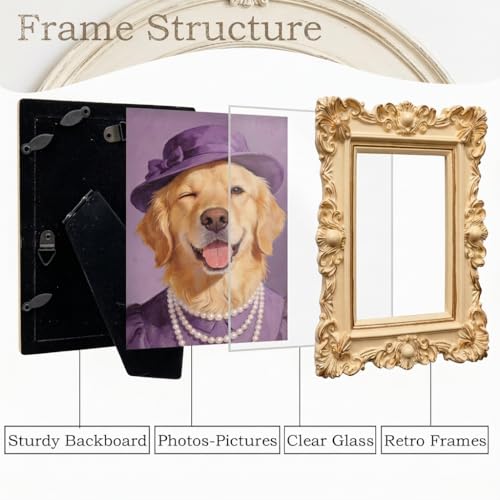 Image of Vintage Ornate Picture Frame, Antique Cream Resin Baroque Frame, Shabby Chic French Country Cottagecore Decor, Tabletop or Wall, Dog Lover Pet Gift