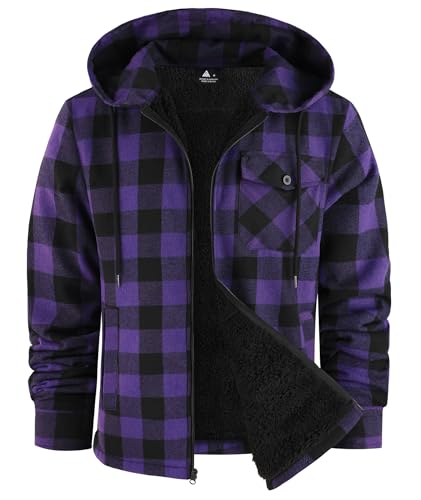 ZITY Men's Zipper Hoodies Flannel Shirt Jacket Plaid Cotton Hoodie Berber Lined Polyfill Insulated