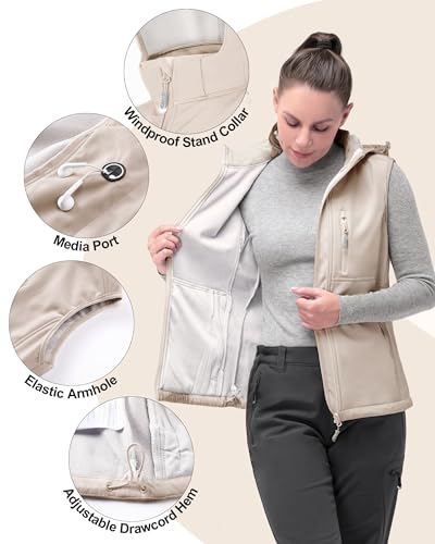 33,000ft Damen Softshell Westen mit Abnehmbare Kapuze Fleece Gefütterte Ärmellose Jacke Wasserdichte Winddichte Sportwesten Vest mit 5 Taschen für Reiten Laufen Wandern Hellkahki M