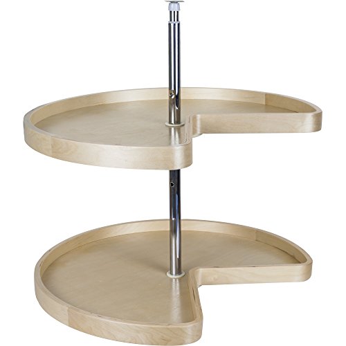 Hardware Resources 2-Tier Lazy Susan Corner Shelf - Kidney-Shaped Rotating Shelves with Adjustable Pole for Kitchen, Cabinet, Cupboard Corners - Wooden Pie Cut Turntable Organizer - White Birch, 32