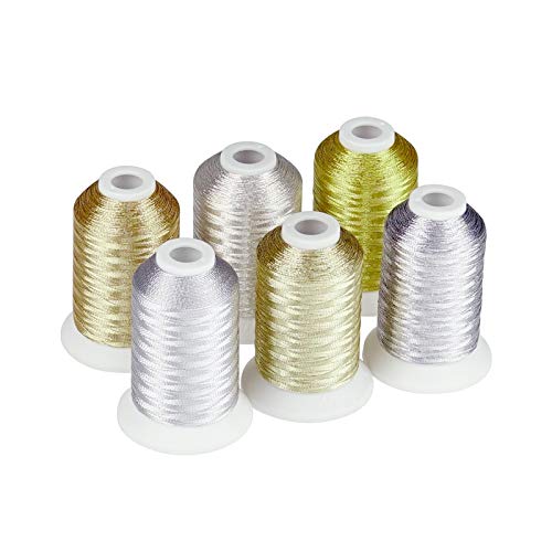 BPABDEITR Hilos de Coser Multiuso, Hilo de Bordar metálico de Colores Dorados y Plateados for Bordar a Mano o a máquina, 6 carretes de 550 Yardas Cada uno