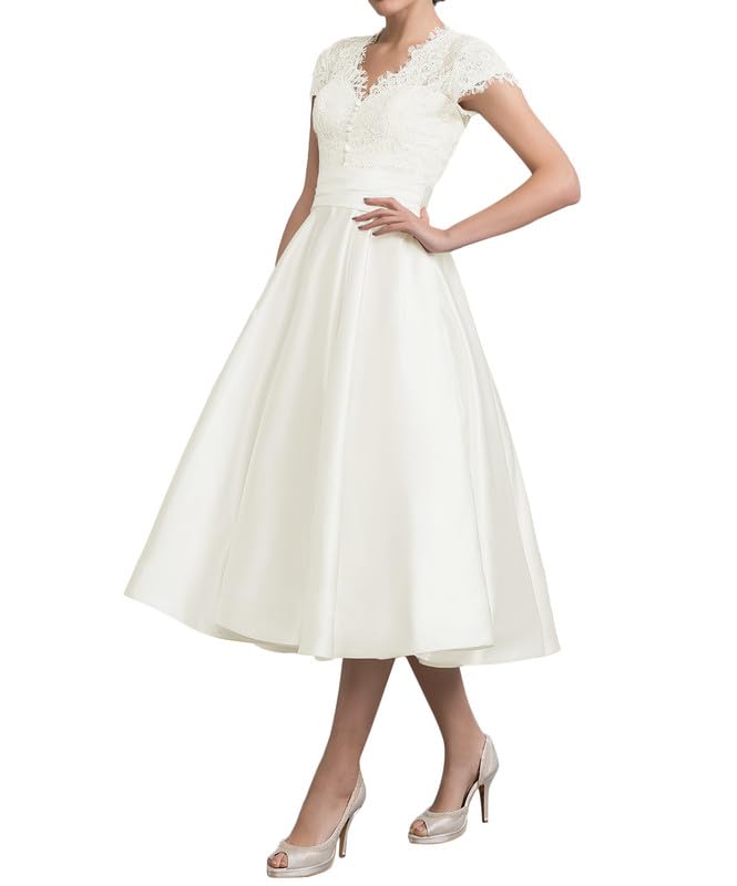 JAEDEN Vintage Satin Brautkleid Damen Spitze Standesamtliche Hochzeitskleid V-Ausschnitt Wadenlang