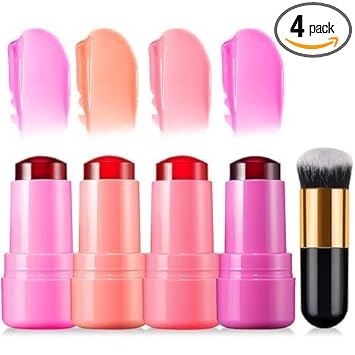 4 PCS Jelly Tint Blush Stick, Multi-Use Cooling Water Jelly Tint, Moisturising Lip and Cheek Stain Stick, Clear Glossy Lip Gloss, Vivid Colour