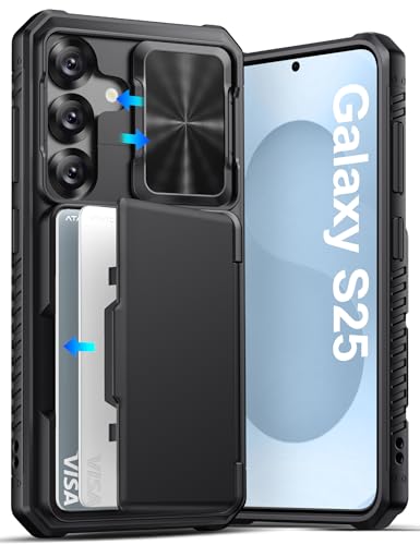 ATATOO for Samsung Galaxy S25 Case Wallet Built-in Card Holder (3-5 Cards) [RFID Blocking] & Slide Camera Cover Military Grade Protection Rugged Silicone Phone Case for Galaxy S25 6.2 2025 Black