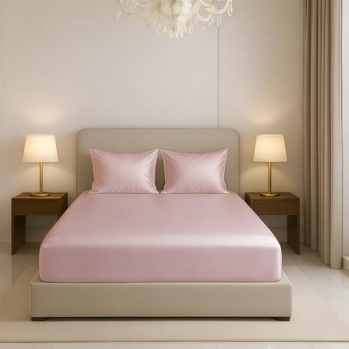 Image of Luxe Ere Elastic Fitted Satin Bedsheet Queen Size (78x60) with 2 Pillow Covers, Ultra-Smooth 300TC Silky Fabric, Perfect for Home Decor, Gifting & Romantic Escapes-Champagne Rose