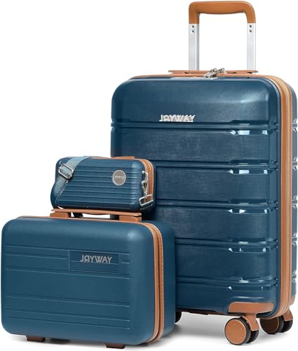 Joyway Joyway Kofferset 3 Teilig Hartschale mit 4 Rollen und TSA-Schloss Der Gepäcksets Enthält 1 Kosmetikkoffer und 1 Tragbare Tasche Blau/Braun