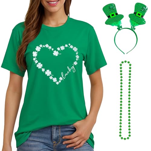 St Patricks Day Women Crewneck T-Shirt 3PCS Outfits Lucky Charms Clover Sweatshirt Shamrock Headband Green Beads Necklace (US, Alpha, Large, Regular, Regular, Green Heart)