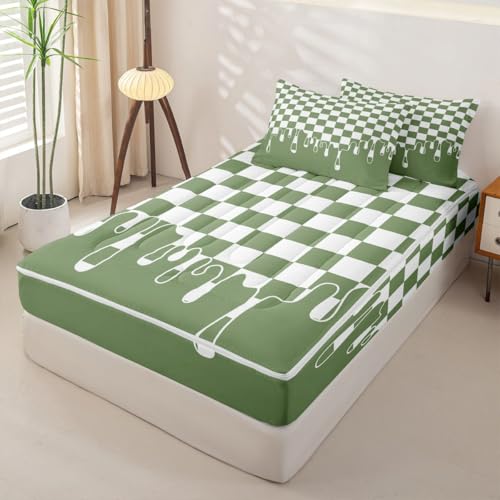 Image of Sage Green Checkered 3Pcs Zip Up Bedding Full Size,Checkerboard Drip Comforter Set with Fitted Sheet And 2 Pillowcases,Grunge Aesthetic Geometric Bed-in-a-Bag Set Zippered Bedspread,Machine Washable