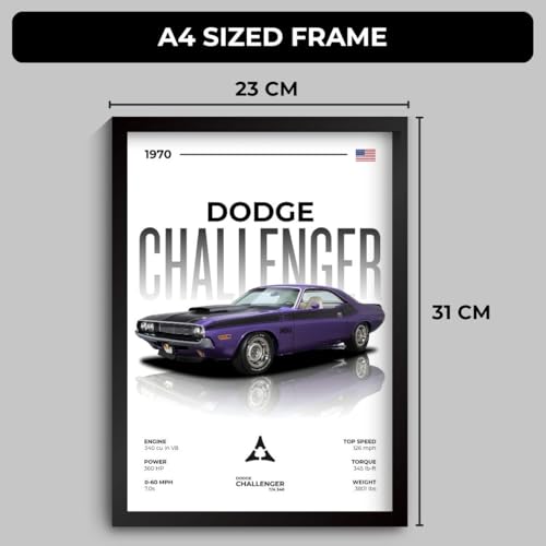 Image of Dodge Challenger Poster | Framed 1970 Challenger A4 Sized (31 x 23 cm) | Muscle Poster for Wall, Gift for Boys, American Muscle Car Frames | Car Posters for Wall, Bedroom, Hostel, Study Area (F 060)