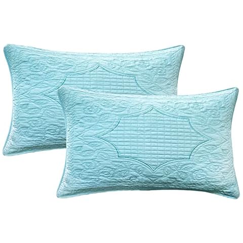 ADASMILE A & S Cotton Pillow Shams 2 Piece Embroidered Pillow Cover Cotton Quilted Standard Pillow Case Floral Printed Pillow Cover 100% Cotton Decorative Pillowcases Home Decor Pale Turquoise Cover