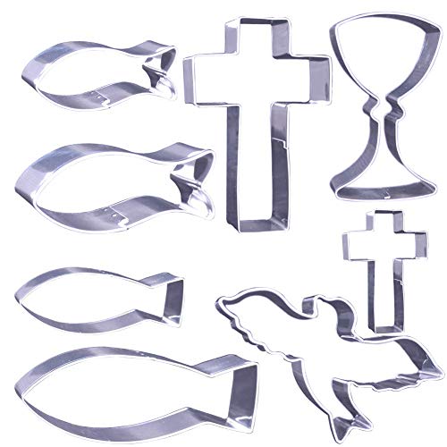 8tlg. Ausstecher Ausstechformen Set, Christen-fisch Keksausstecher Plätzchenform, Ausstechform Kreuz, Plätzchenformen Taube, Cookie Cutters Kelch, 24 Geschenkaufkleber für Kommunion Konfirmation Taufe Cover