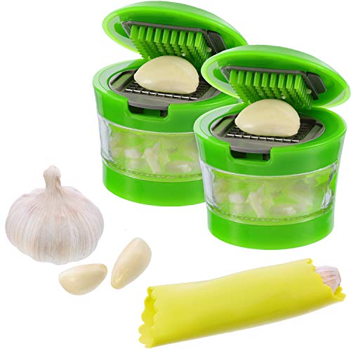Boao 3 Pieces Garlic Chopper, Garlic-A-Peel Garlic Press, Garlic Crusher, Garlic Mincer, and Silicone Garlic Peeler, Easy to Clean, Stainless Steel Blades, Green