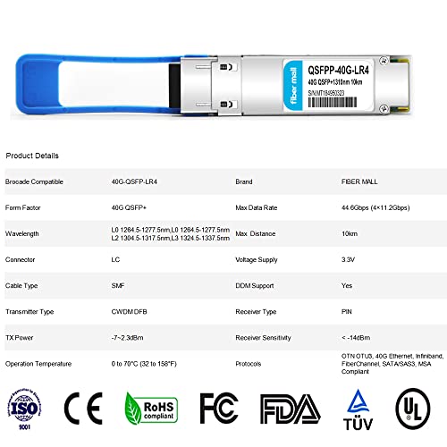 Image of 40G QSFP+ LR4 for Brocade 40G-QSFP-LR4,40GBASE-LR4 QSFP+ 1310nm,CWDM4 10km LC DOM Optical Transceiver Module