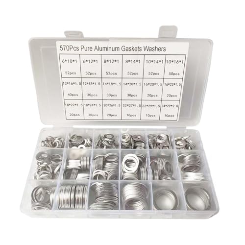 Image of 570PCS Automotive Oil Crush Washers, Aluminum Oil Drain Plug Gaskets, 18 Sizes Flat Washers Assortment Set, M6 M8 M10 M12 M14 M16 M18 M20 M22 M24