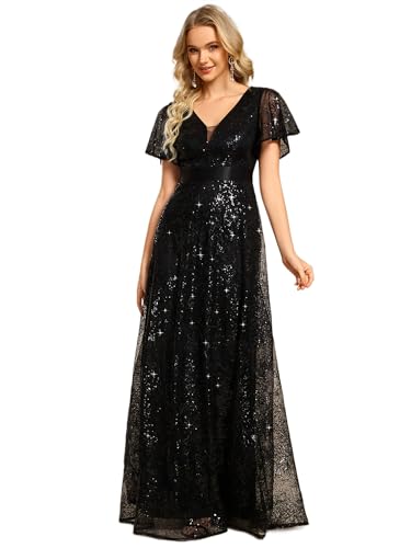 Ever-Pretty Women's V-Neck Sequin Embroidered Short Sleeve Floor-Length A-Line Empire Waist Evening Dresses 02314