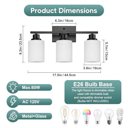 Image of Ascher Bathroom Light Fixtures, 3-Light Vanity Light Over Mirror, Black Wall Sconces with Milky White Frosted Glass Shades, Wall Lamp for Living Room Bedroom, E26 Base(Bulbs Not Included)