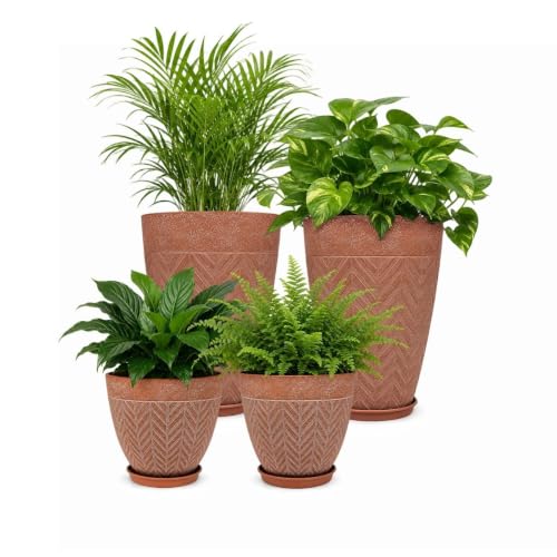 Usocik Large Outdoor Planters Set of 4, Tall & Round Pots, Terracotta