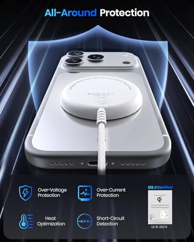 Image of Magnetic Wireless Charger, 5FT Qi2 25W Fast Charging Pad Compatible with MagSafe for iPhone Air /17e /17 /16 /15 /14 /13 /12 /Pro /Pro Max Series & AirPods 4 /3 /2 /Pro & More (MatteWhite)