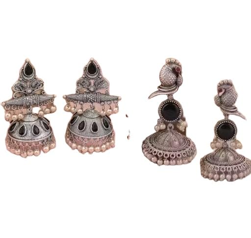 Antique Silver Oxidized Jhumka Earrings Combo Pack Featuring Intricately Designed Dome-Shaped Jhumkas with Pearl Drops and Exquisite Peacock Design Jhumkas SAGM518-image-45