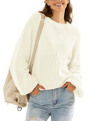 Image of EXLURA Womens Oversized Sweaters Crew Neck Long Lantern Sleeve Loose Casual Knit Slouchy Fall Pullover Tops
