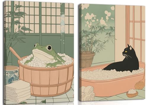 Japanese Bathroom Wall Art Funny Black Cat and Frog in