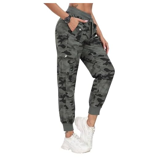 JINSHI Pantalon de Randonnée Femme Cargo Jogging Pantalon Léger Séchage Rapide Pantalon Sport Extérieur Trekking Multi-Poches Camo Vert Taille L