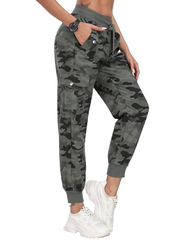 JINSHI Pantalones Senderismo Mujer Cargo Jogger Pantalón Ligero Transpirable Pantalone Ocio Aire Libre Deportes Acampada Trekking Multibolsillos Verde Camuflaje Talla M