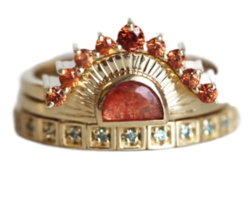 18k Golden Sun Wedding Ring Three Piece Set Fashion Ring Multi Gem Moonstone Women Sun God Ring Size 6-10