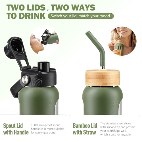 Image of 24 oz Glass Water Bottle with Straw - 2 Lids (Bamboo & Spout Lid), Motivational Borosilicate Glass Daily Water Intake Bottle with Time Marker, Silicone Sleeve for Gym Home Office-Olive