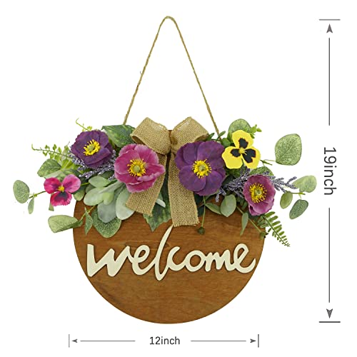 Artificial Spring Wreath Welcome Sign With Poppy, Pansy, Eucalyptus Leaves, Lavender Tassels, Fern Branches For Front Door Porch Farmhouse Home Decor, White Gift Box Included #TOP4